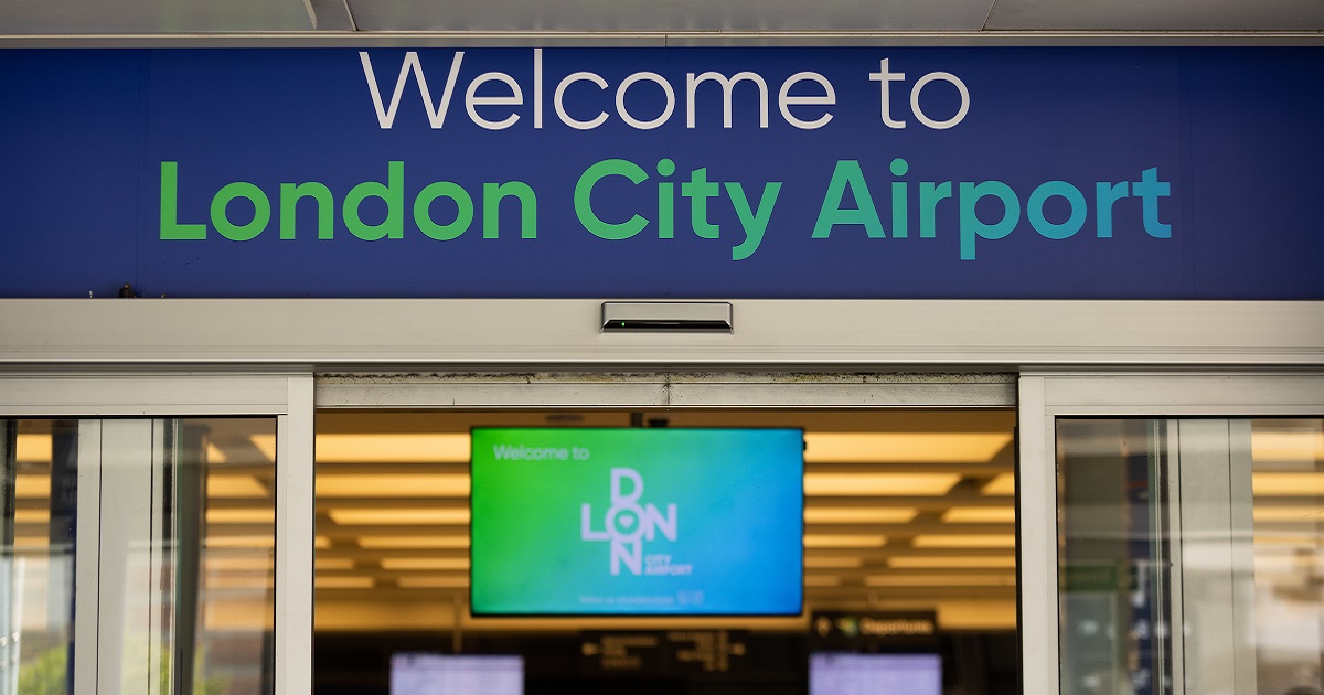 London City Airport entrance and sign